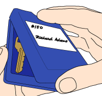 Cartoon of open blue KeyController with tagged key inside